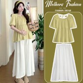 方领上衣裤 孕妇连衣裙套装 裙两件套女 绿色法式 泡泡袖 夏季 2025新款