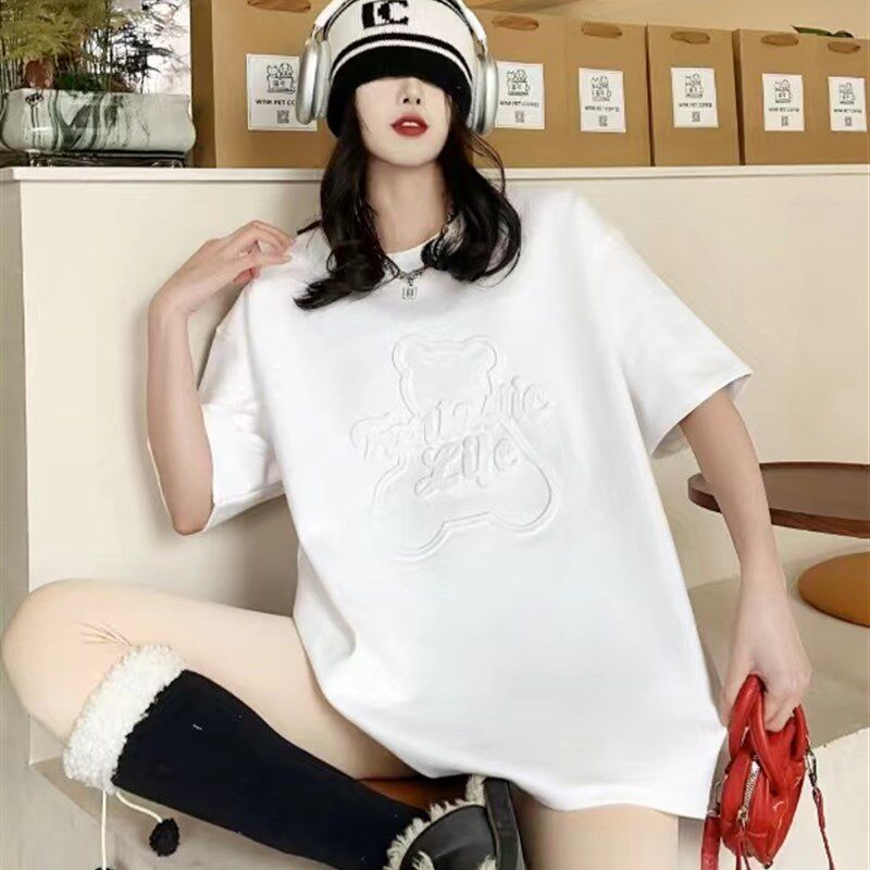 加厚磨毛短袖t恤女欧货冬季内搭半袖大码中长款宽松遮肚子上衣白t