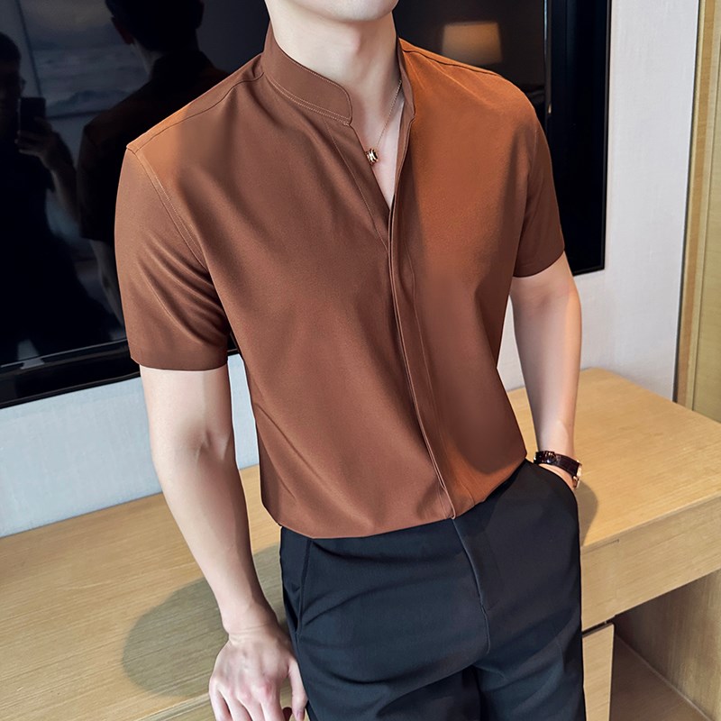 立领衬衫男士短袖夏季薄款冰丝亲肤弹力新中式男装高级感V领衬衣