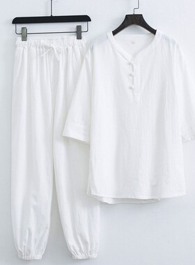 春夏季新款海青居士男女套装打坐白色棉麻道服佛系禅修服大码禅意