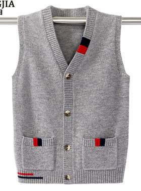 男孩子纯羊毛衫开衫背心青少年针织马甲中学生无袖毛衣学院风坎肩