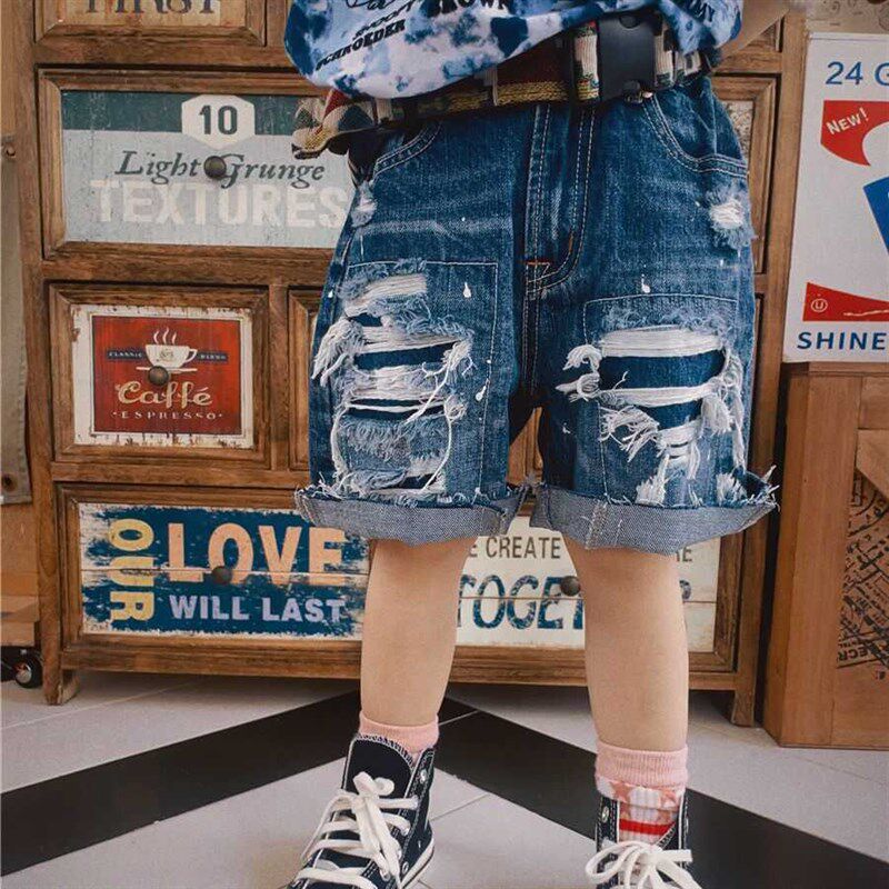 24年新款夏季dd童装男女童短裤宽松复古破洞牛仔裤儿童日系五分裤