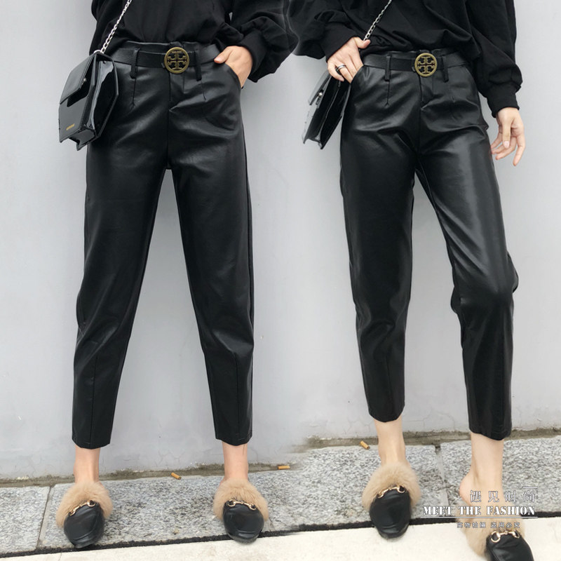 皮裤女2020秋冬新款高腰韩版宽松小脚裤pu皮九分学生外穿哈伦裤潮