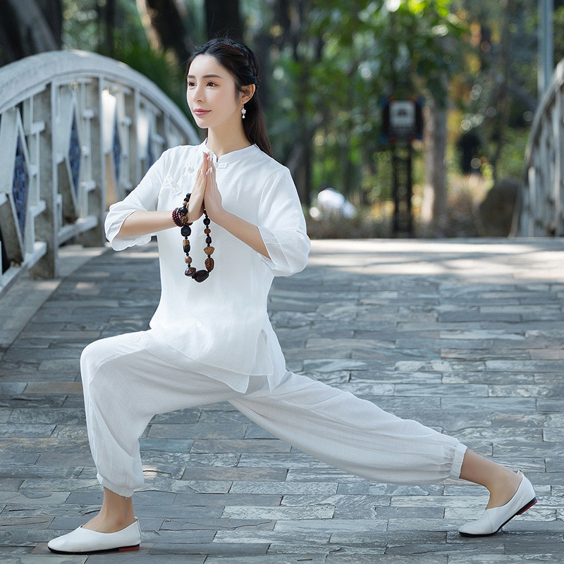 新款民族风棉麻太极服女飘逸中袖瑜伽禅修练功拳服束脚灯笼裤
