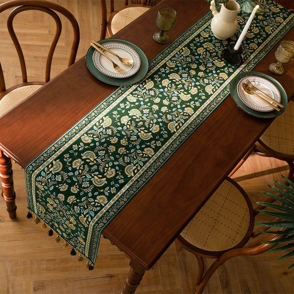 美式复古绿色桌旗高级布艺桌布长条餐桌茶几电视斗柜盖布床旗