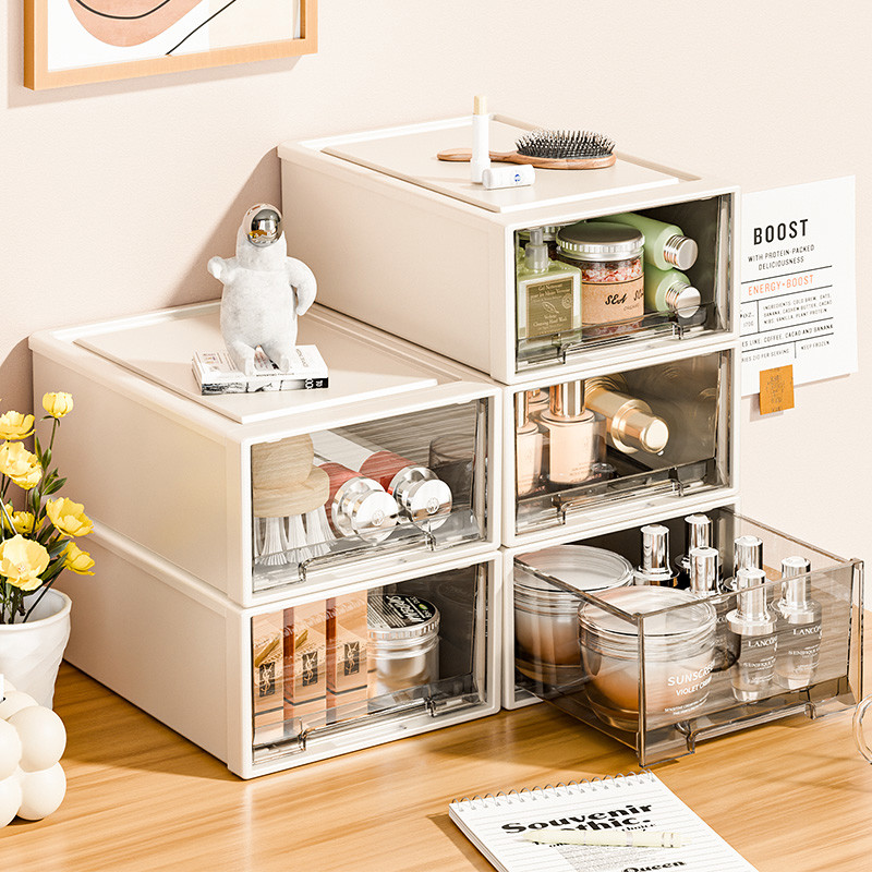 桌面收纳盒抽屉式透明书桌文具整理盒宿舍化妆储物盒杂物置