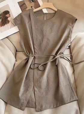 【阿芝专属】网红开叉无袖圆领衬衫女夏季2025轻熟气质上衣51859