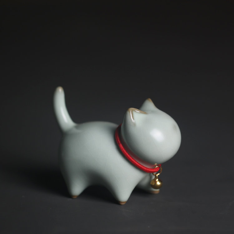 汝窑萌小猫可爱茶宠可养小摆设陶瓷摆件纸镇开片笔架笔搁送礼