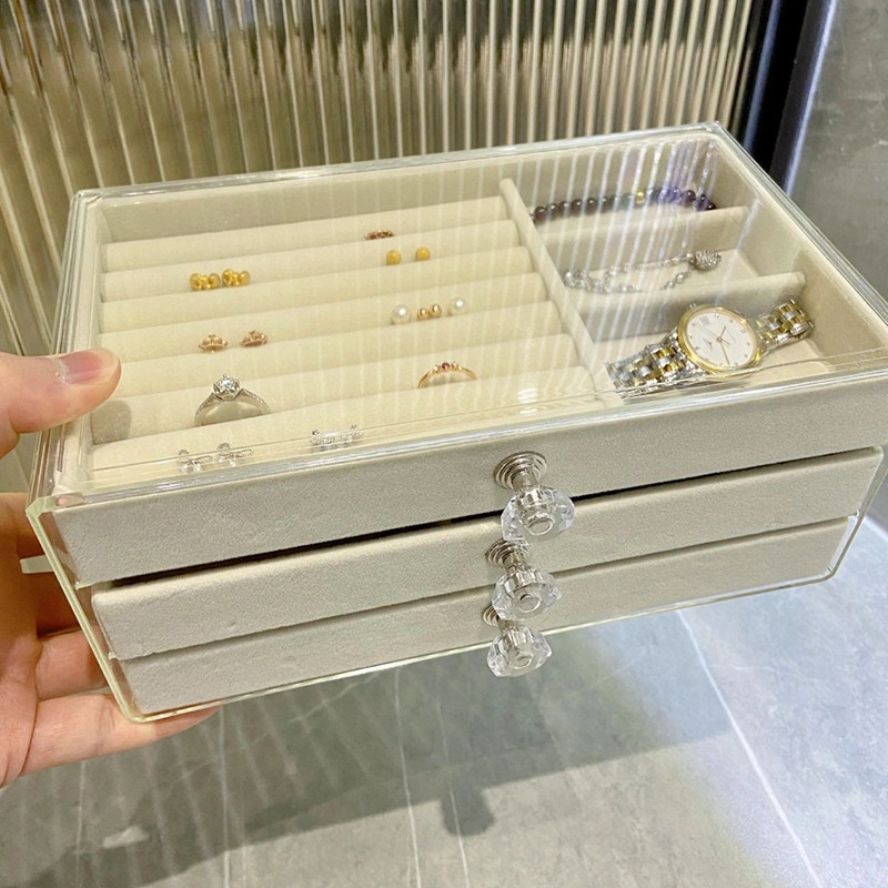 首饰收纳盒防氧化耳环耳钉项链绒布亚克力高档精致饰盒子神器