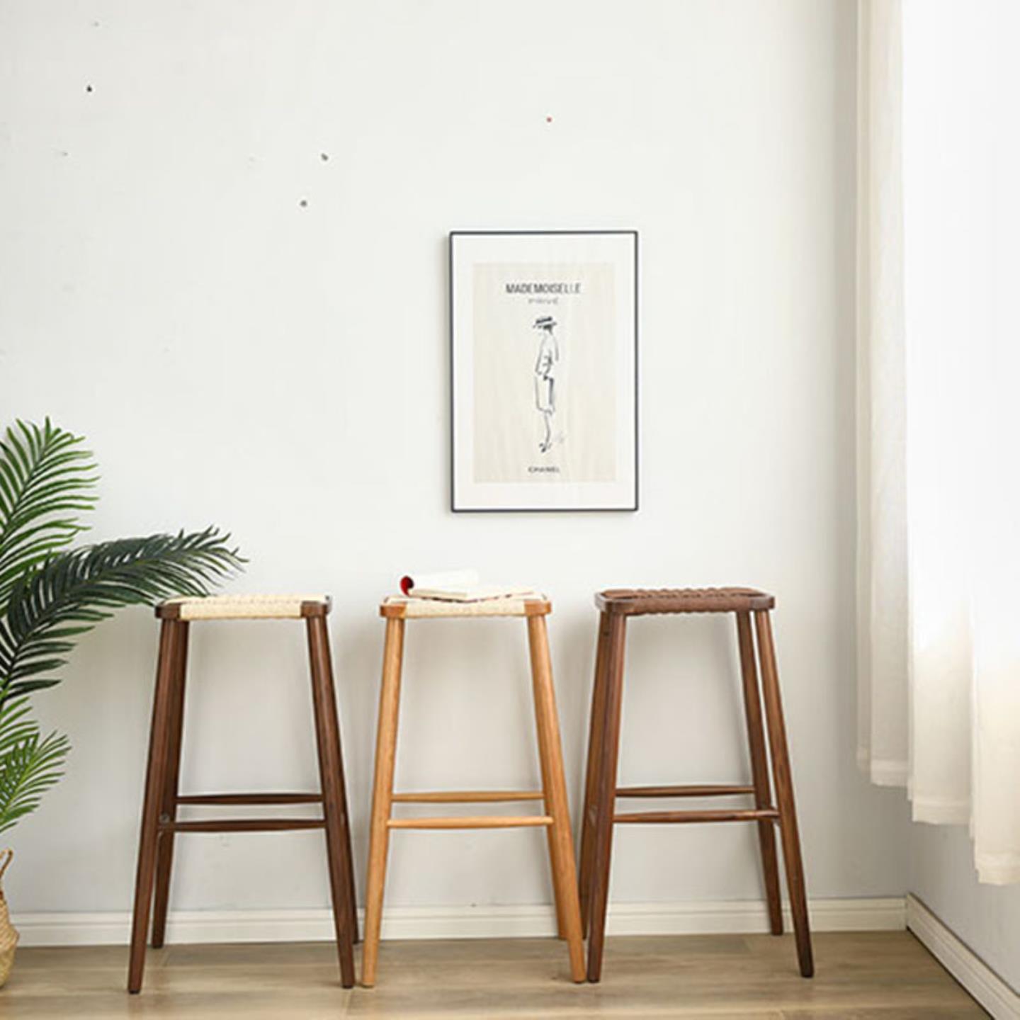 绳编方凳餐凳实木高吧凳家用编织客厅矮凳原木梳妆凳北欧现代凳子