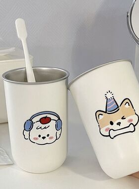 白色不锈钢304可爱卡通小熊小狗情侣儿童漱口杯牙刷洗漱杯杯