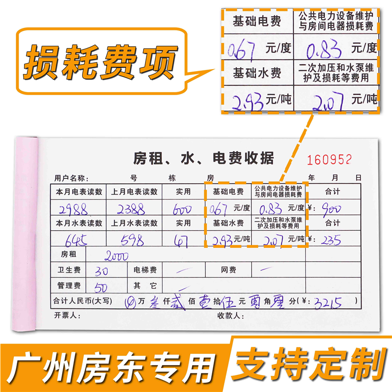 广州新版房租水电收据加厚二联自带复写带垫板可定制