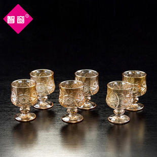 家用创意白酒杯金色高脚刻花一两小酒杯玻璃套装50毫升 烈酒