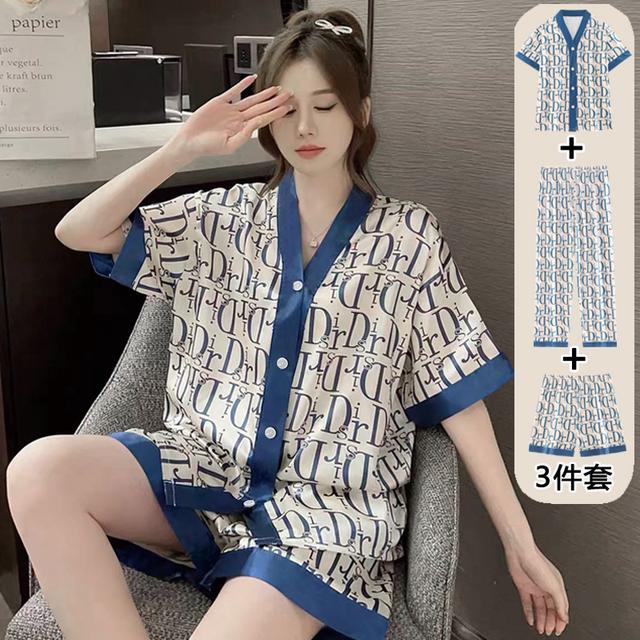 粉丝专属3件套睡衣女夏季开衫短袖短裤宽松家居服套装753