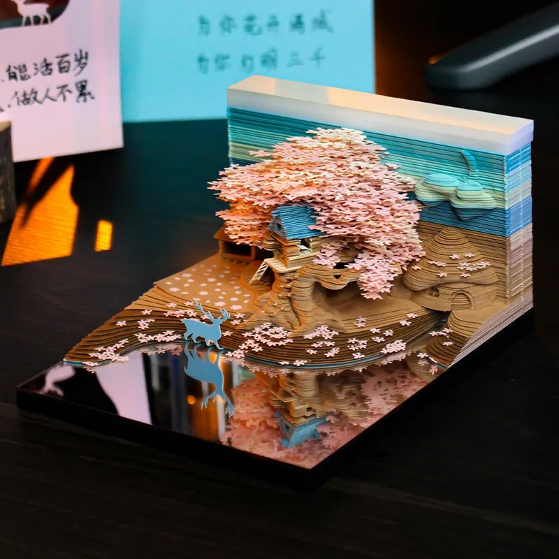 网红樱花树屋3d立体纸雕便签生日礼物手撕日历摆件创意礼品精美