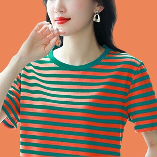 胖mm横条纹短袖t恤女2025新款妈妈夏装纯棉圆领正肩宽松半袖体恤