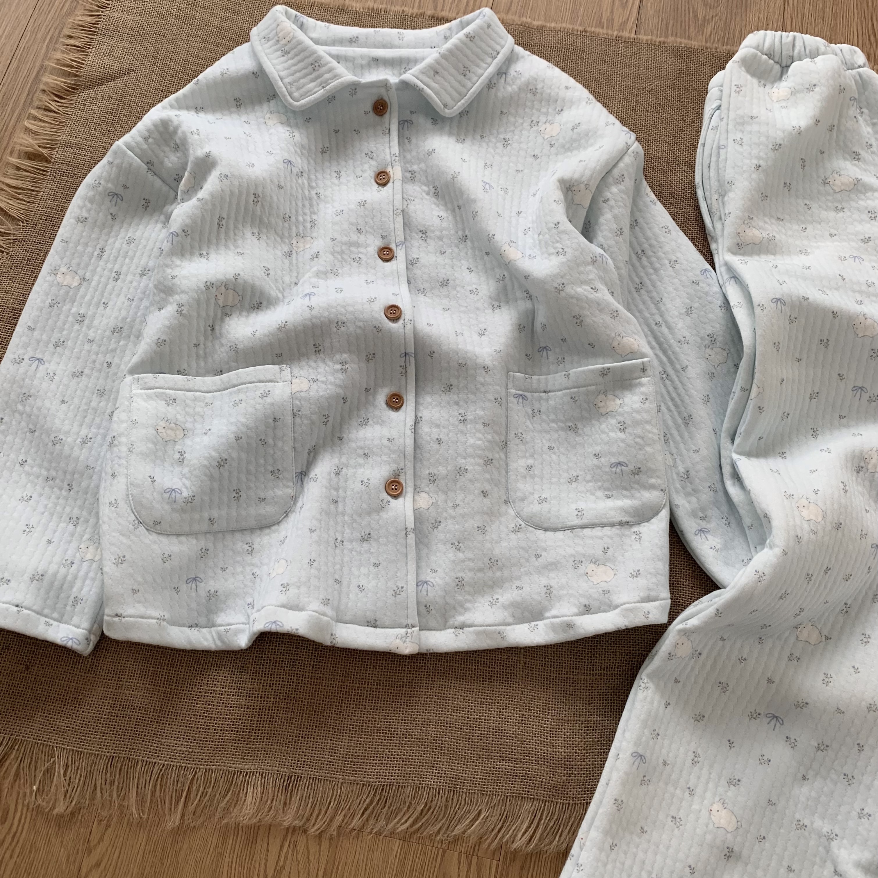 棉花泡泡 原创睡衣A类空气层全棉针织款长袖海盐小兔套装家居服女