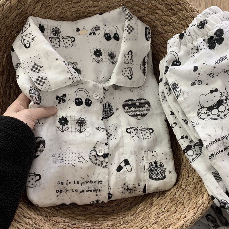 棉花泡泡 原创设计 A类全棉双层纱黑白kitty短袖睡衣套装家居服女