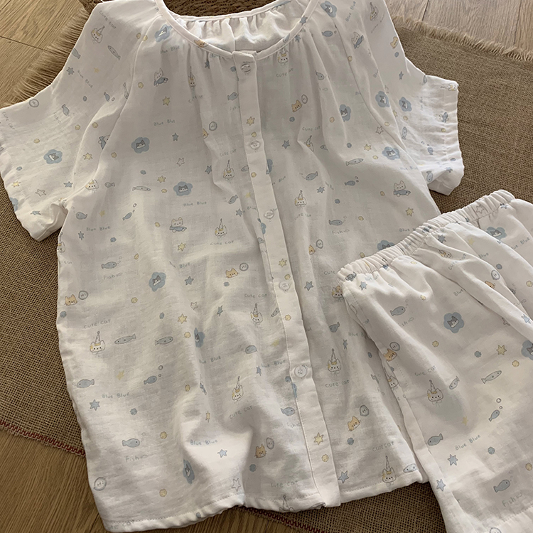 棉花泡泡 原创设计 A类 全棉双层纱小鱼泡泡短袖睡衣套装家居服女