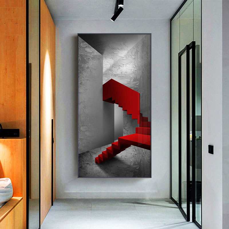 进门玄关画竖版楼梯过道挂画客厅装饰画北欧现代简约红色建筑壁画图片