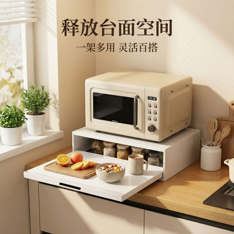 厨房台面置物架桌面带抽屉咖啡机工作台底部可抽拉微波炉置物架图片