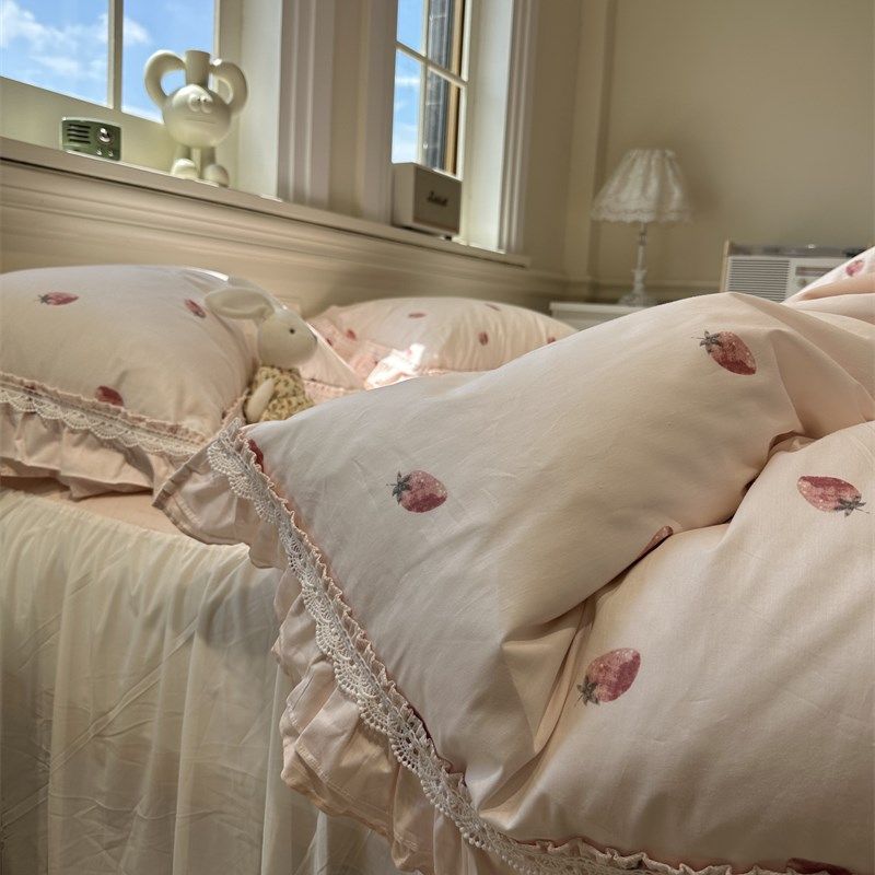 韩式公主风少女公主草莓粉嫩花边床裙四件套全棉1.5m1.8被套床,床上用品,床品套件/四件套/多件套,淘宝优惠券,粉丝福利购,淘宝优惠卷