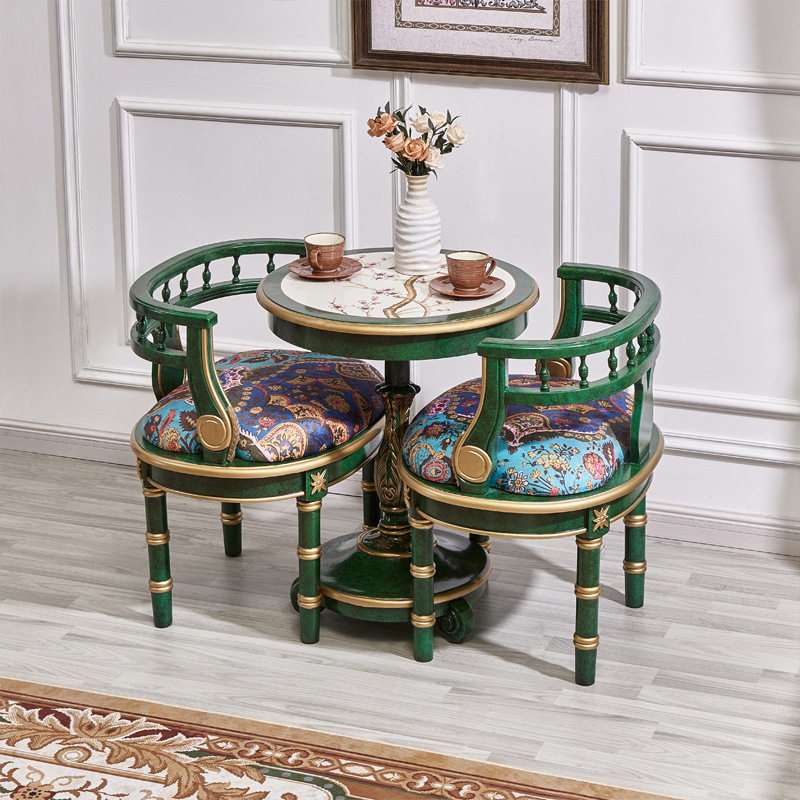 美式沙发椅圆几休闲茶桌阳台一桌两椅组合金色祖母绿复古彩绘家俱