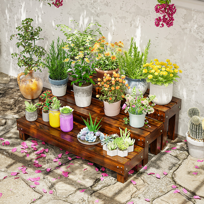 防腐木花架阳台实木多层花盆置物架子户外庭院落地式多肉阶梯客厅