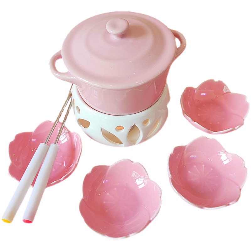 陶瓷巧克力火锅炉套装粉色带盖小冰淇淋甜品火锅炉子芝士融化炉