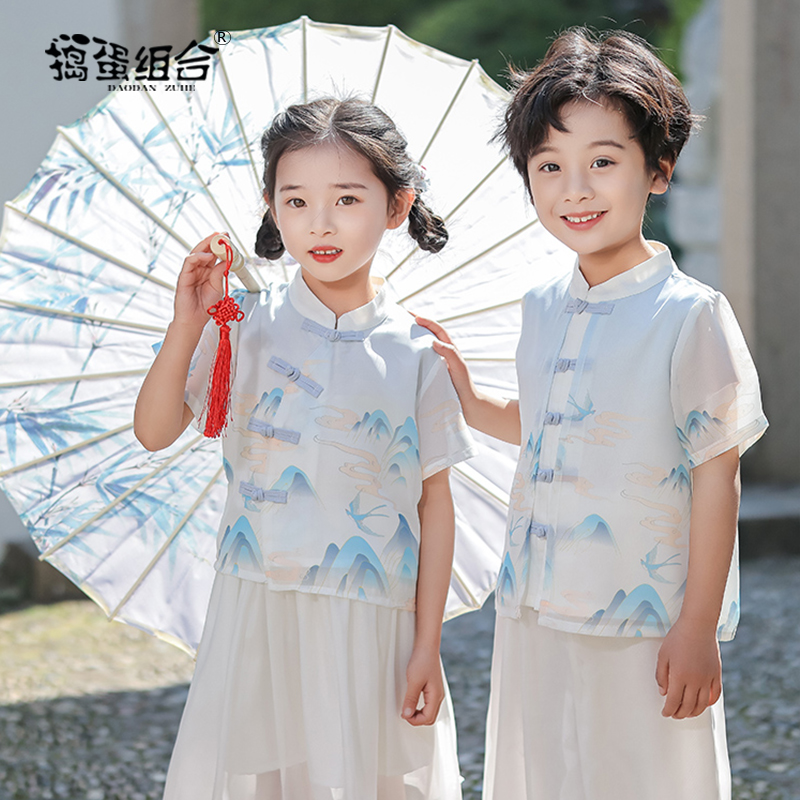 童装民国风女童汉服男童夏季短袖中国风改良古装六一民族服装唐装