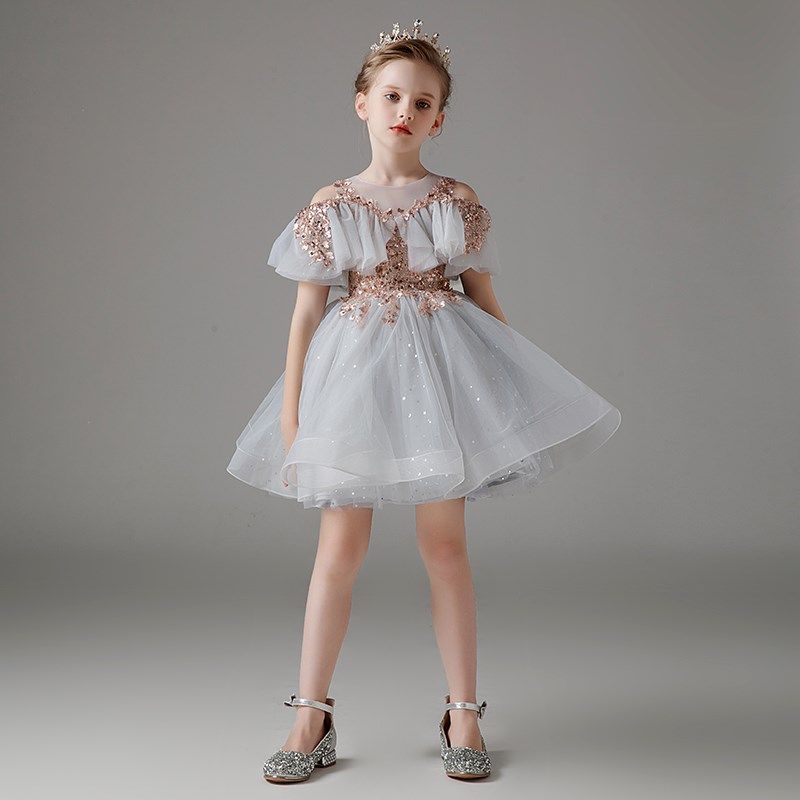 儿童礼服短款女童主持人花童公主裙蓬蓬婚纱小女孩生日钢琴演出服