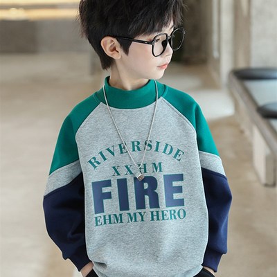 男童加绒卫衣冬装儿童纯棉上衣新款拼接儿童一体绒打底衫半高领潮