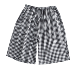 夏季 纯棉纱布薄款 宽松沙滩短裤 日式 家居裤 男士 五分裤 简约格子睡裤