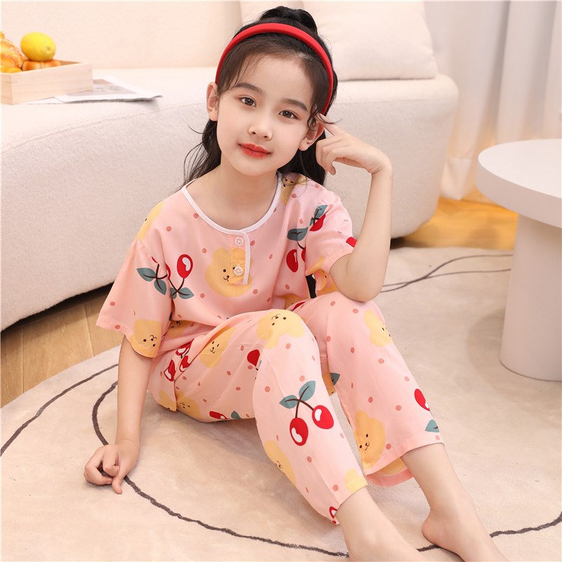 夏季儿童睡衣男童短袖长裤棉绸宝宝小孩家居服套装女孩小男孩格子