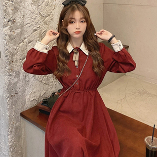 秋2021新款 红色长袖 连衣裙女装 早春季 温柔初恋小个子长裙子 法式
