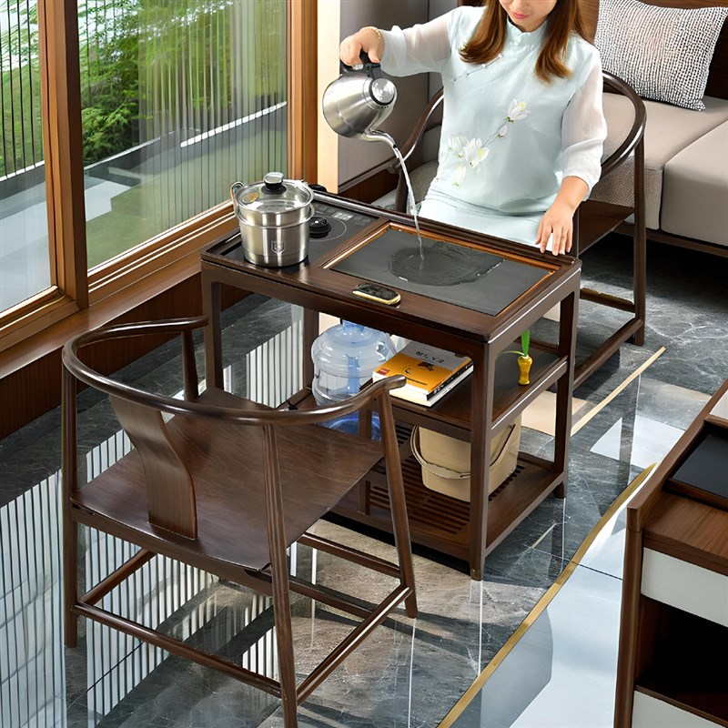 物璟移动茶车茶桌茶台新中式全实木黑紫檀乌金石家用小阳台三件套