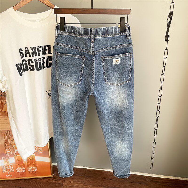 好看百搭 松紧腰牛仔裤男2024春夏薄款锥形小脚九分裤弹修身9分裤