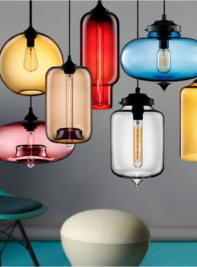 个性吧台创意北欧饭桌咖啡餐厅酒吧彩色蓝红色爱迪生透明玻璃吊灯