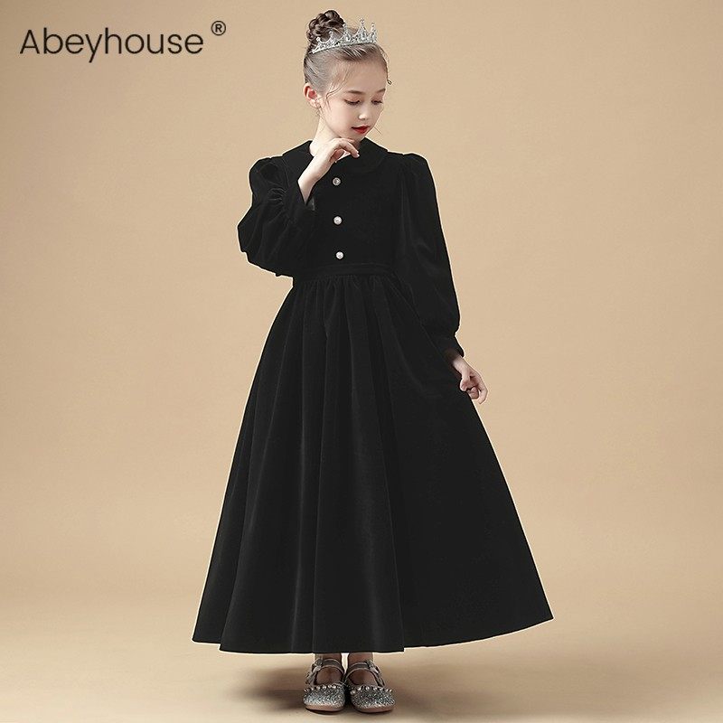 女童黑色晚礼服高档钢琴演出服绒布保暖生日公主裙年会节目表演服