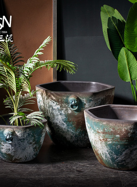 粗陶手工流水水景盆复古陶瓷仿古大缸浮世绘鱼缸落地摆件庭院园林