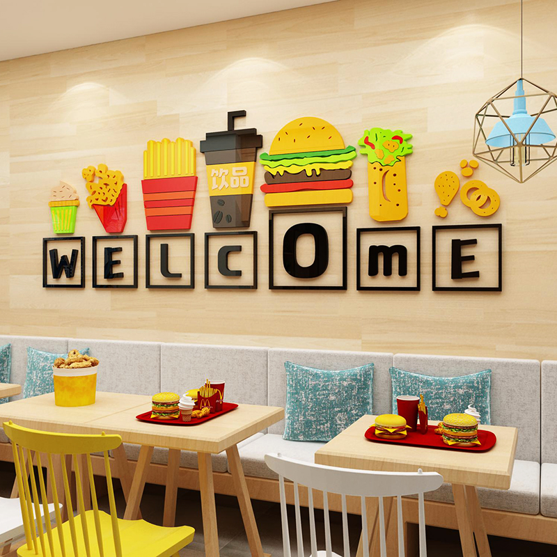 网红炸鸡店厅汉堡店墙面装饰品场景布置玻璃门壁纸贴画创意背景图片