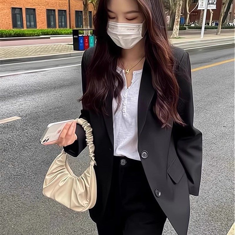 春装免烫宽松正装女套装大学生面试西装职业工作西服黑色气质外套