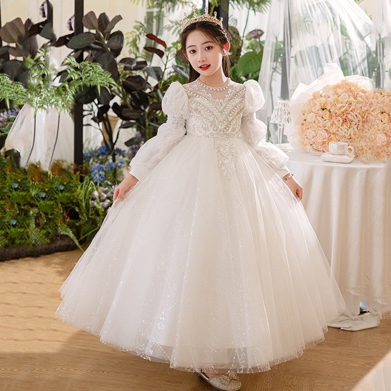 白色女童礼服秋冬季花童婚礼小女孩公主裙高端生日儿童主持人钢琴