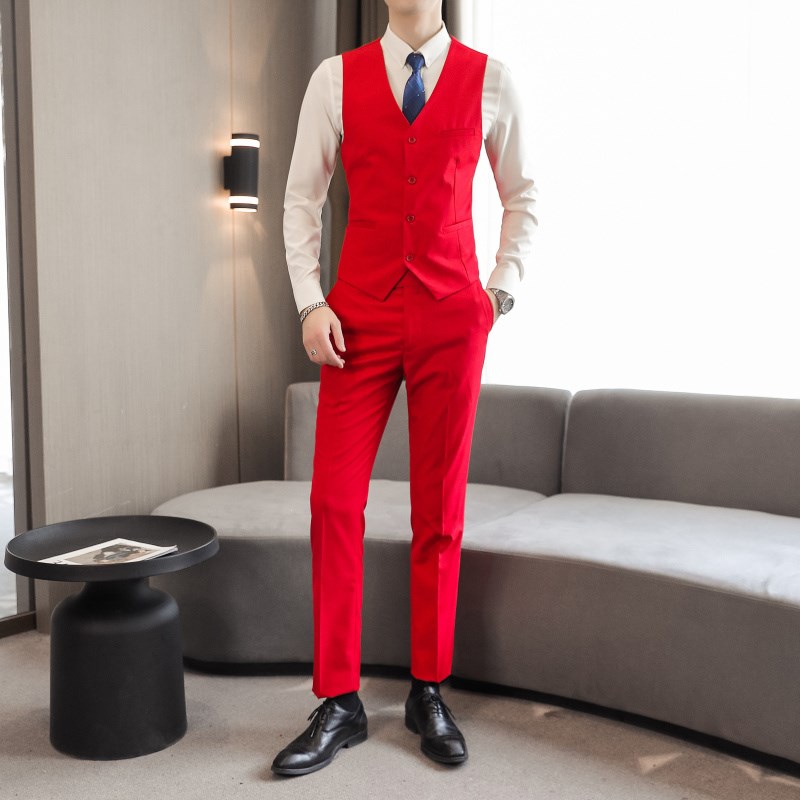 春季粉红色西装裤男士马甲两件套粉色新郎官结婚拍照婚礼服西裤
