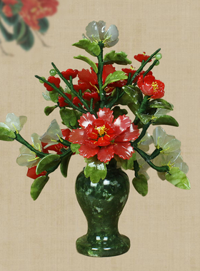 纯手工玉石花瓶摆件牡丹花中式工艺品乔迁客厅电视柜盆景送礼饰品