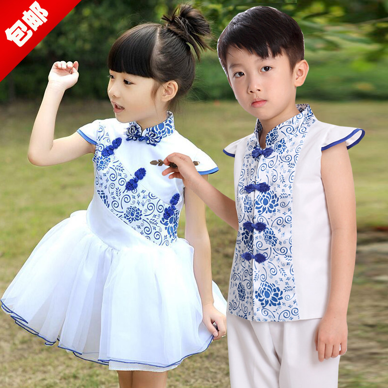 新款儿童合唱演出服比赛服女童旗袍公主裙白色纱裙舞台青花瓷礼服图片