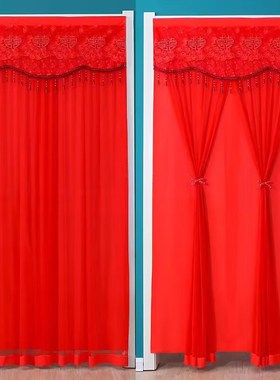 婚庆用品双层门帘婚房家用红色喜庆卧室免打孔新款蕾丝防蚊门帘