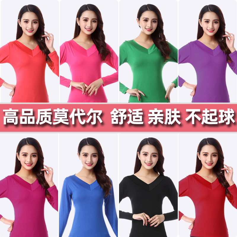 广场舞服装新款j长袖上衣春秋V领舞衣大码女t恤舞蹈演出服练功服