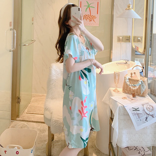 胖MM大码 短袖 睡衣家居A服韩版 棉绸睡裙女夏季 学生绵绸裙可外 薄款