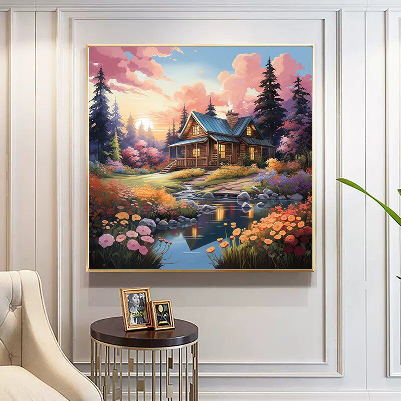 湖边小屋十字绣2024新款线绣客厅小幅卧室欧式餐厅小件风景刺绣